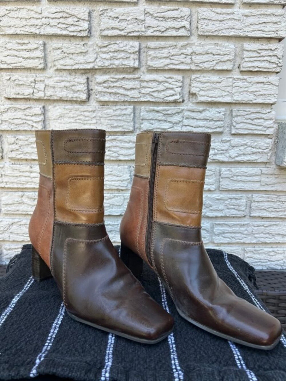 Vintage Leather Patchwork Block Heel Ankle Boots